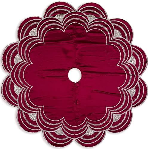 60-Inch Beaded Scalloped Christmas Tree Skirt in Foam-Lined Satin, Button-Loop Closures, Cranberry - Image 3