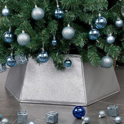 Blissun Fabric Christmas Tree Collar, Hexagonal Christmas Tree Ring, Glittering Willow Tree Skirt for Christmas Decorations (Glitter Silver) by Blissun