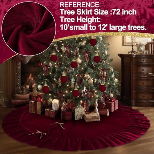 Velvet Christmas Tree Skirt, 72 Inches, Bow Style, Red - Image 5