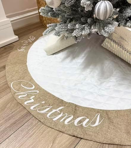 48 Inch Christmas Tree Skirt White Thick Luxury Quilted Cotton with Burlap Decoration for Merry Christmas Party Christmas Tree Skirt Decorations by AISENO