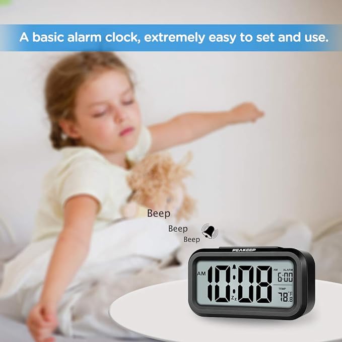 Peakeep Night Light Digital Alarm Clock Battery Operated Indoor Temperature | Small Cordless Cute Clock for Bedroom Desk Travel, Simple to Use for Teens Kids (Black) - Image 2