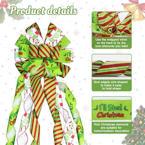 Large Christmas Tree Topper Bow 52x13 Inch, Pre-Tied Wired Wreath Ribbon - Image 2
