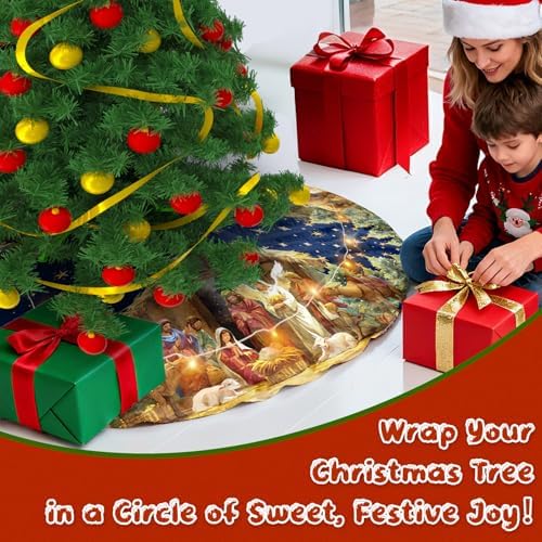 Double Sided Christmas Tree Skirt with LED Lights, 36 Inch Christmas Skirt Tree Decoration with Buffalo Plaid Nativity, Christmas Trees Mat for Under Trees Holiday Party Indoor Decorations - Image 5
