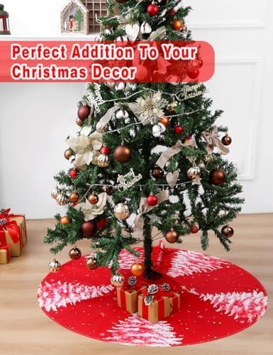 Multiwins Christmas Tree Skirt 48 Inch, Red Christmas Tree Skirt with Christmas Tree Design, Thick Flannel Fabric, Rustic Farmhouse Xmas Tree Skirt for Holiday Decorations, Indoor Christmas Party - Image 3