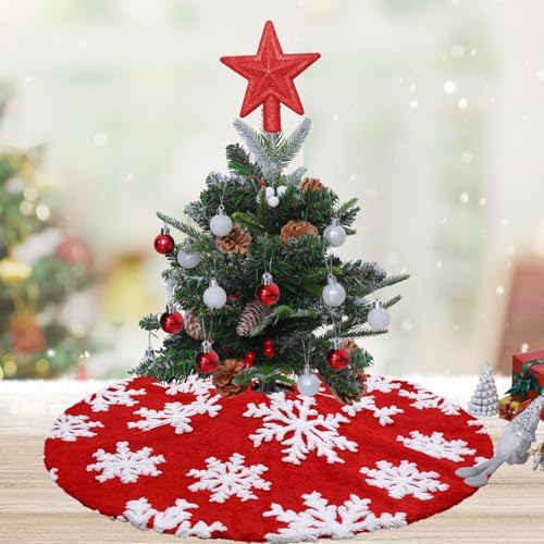 Small Tree Skirt Red Christmas Tree Skirt 24 inch Faux Fur Snowflakes Round Xmas Tree Skirt for Indoor Outdoor Party Christmas Tree Decorations - Image 4