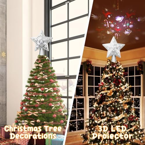Christmas Tree Topper, Christmas Star Tree Topper Built-in LED Rotating Lights, Plug in 3D Sliver Glittered Star Tree Topper for Xmas Party Holiday Decorations - Image 4