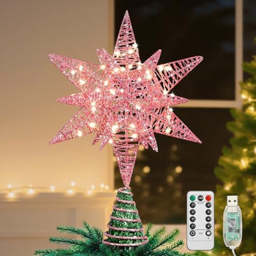 Lewondr Christmas Star Tree Topper, 14.6" Lighted Glitter 3D Star Treetop by Lewondr