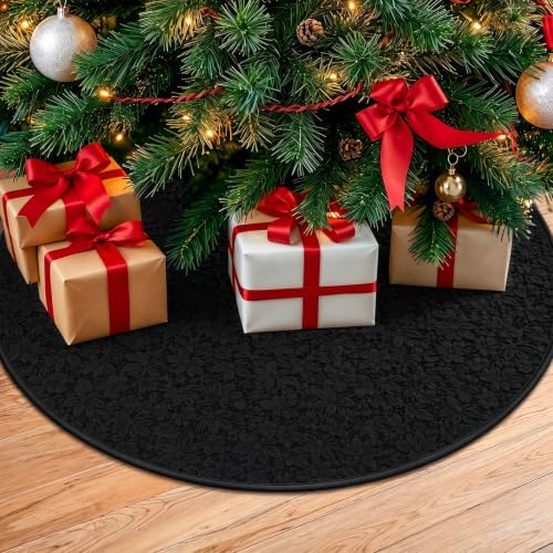 Skylety 48'' Christmas Tree Skirt Rug Embossing Xmas Tree Skirt, Black - Image 6