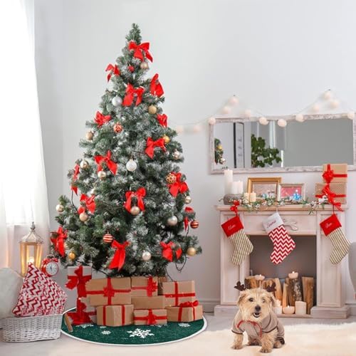 30 Inch Burlap Christmas Tree Skirt with White Snowflakes, Dark Green - Image 6