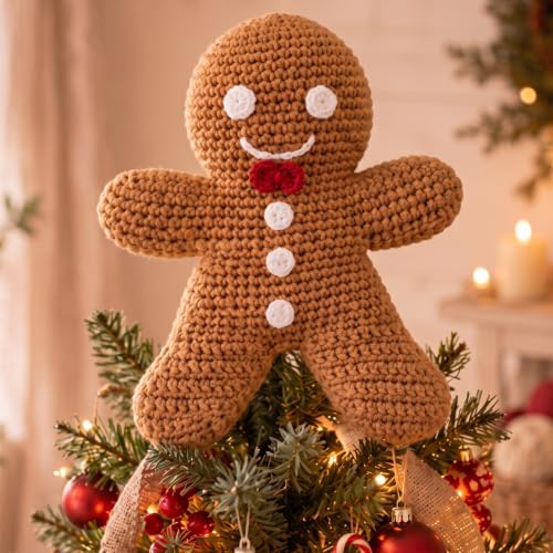 Syhood 10 Inch Crochet Gingerbread Man Christmas Tree Topper Caramel Color Farmhouse Holiday Xmas Decor for Christmas Tree Ornament Party Decoration by Syhood
