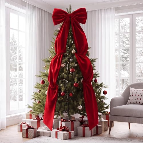 Knitgrip Extra Large Velvet Christmas Tree Topper Bow, Red, 118 Inch - Image 6