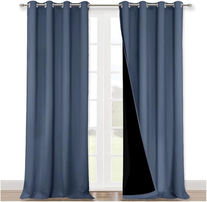 NICETOWN Insulated 100% Blackout Curtains, Noise Reducing Performance Drapes with Black Lining, Full Light Blocking Draperies for Overnight Shift Worker (Stone Blue, 1 Pair, 52 inches x 95 inches)