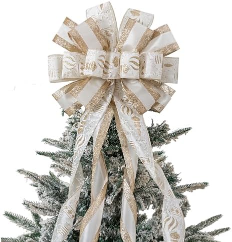 Christmas Tree Topper, 40x13 Inches Toppers Bow with Glitter Satin Mesh Streamer and Patterned Ribbon, Christmas Tree Topper Bow for Christmas Home Decoration (White Golden) by CANGBI