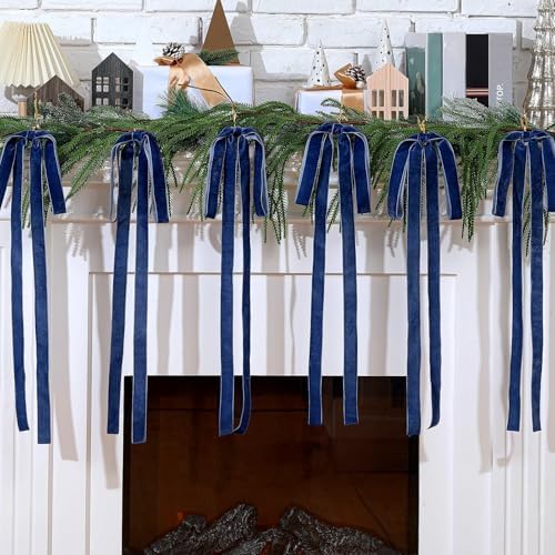 Janinka 12 Long Haze Blue Christmas Velvet Bow Ornament Vintage Tree Decor - Image 3