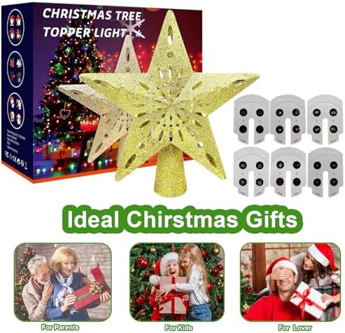10" Christmas Tree Topper Projector with 6 Projection Modes, Built-in LED Rotating Light, 3D Glitter Dynamic Projector Light Up Tree Topper Star for Xmas Holiday Party Decorations Gifts (Gold) - Image 6