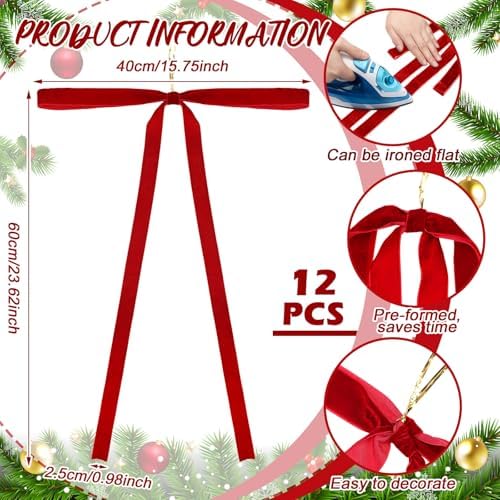 Janinka 12 Pcs Long Red Christmas Velvet Bow Ornament Vintage Tree Decor - Image 2