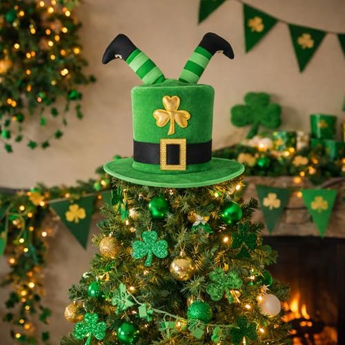codree St. Patrick's Day Tree Topper Hat, Irish Green Shamrock Elf Legs Top Hat Decoration, St. Patrick Clover Velvet Hat Tree Topper for Holiday Home Party Decor Fancy Dress Costume - Image 6