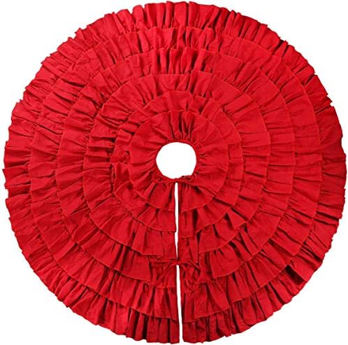 Large Red Ruffle Christmas Tree Skirt, 48'' Rustic Farmhouse Decorations - Image 2