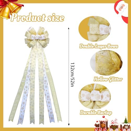 Large Christmas Tree Topper Bow 52x13 Inch, Pre-Tied Wired Wreath Ribbon - Image 3