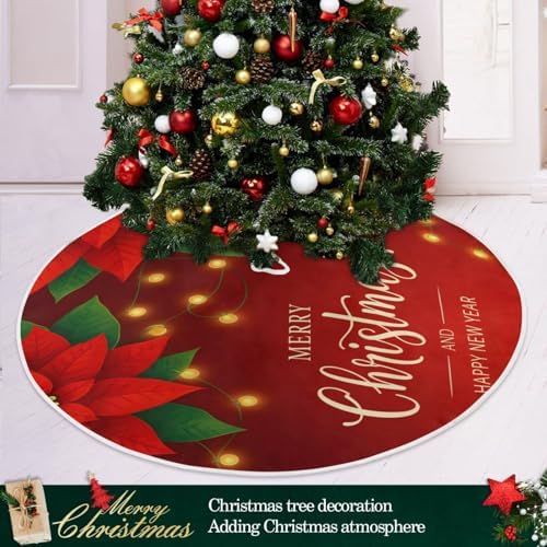 Red Poinsettia Flower Lights Christmas Tree Skirt Large Xmas Tree Skirts Decorations 48 in Burlap Tree Mat Cover for 4 ft Trees Holiday Party - Image 2