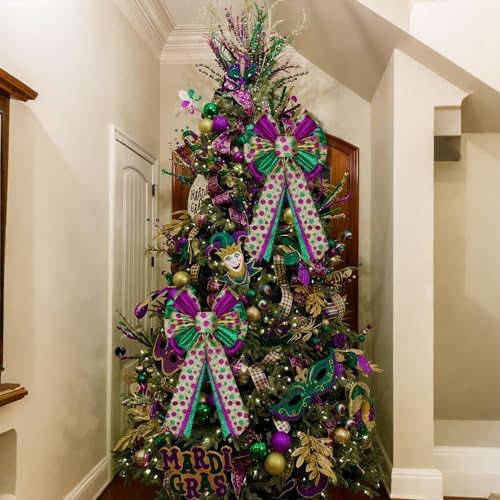 Mardi Gras Tree Topper Bow Decorations,12?€?x20?€? Large Glitter Wreath Bow Decor for Tree Holiday Party Wall Home Front Door Float Golf Cart Gold Green Purple - Image 5