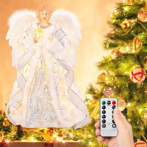 PEEKI Christmas Tree Topper, 15" Angel Treetop with Lights and Remote Control Timer, Christmas Tree Decoration for Holiday Ornament and Home Decor, Silver by PEEKI