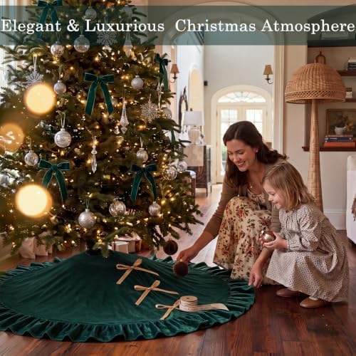 Velvet Christmas Tree Skirt, 48 Inches, Bow Style, Dark Green - Image 3