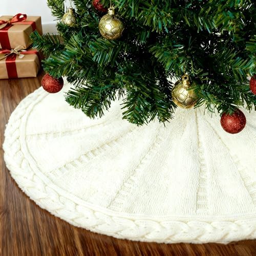 White Christmas Tree Skirt 24 Inch, Knitted Tree Skirt for 4Ft Pencil Tree, Vintage Thick Small Tree Skirt for Christmas Trees Decoration, Xmas Home Indoor Farmhouse Decorations by ROISKJANPA