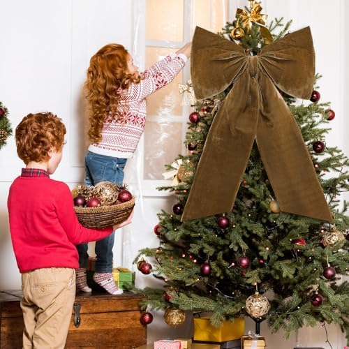 HunnmingRe 20 x 30 Inches Large Brown Velvet Bow Christmas Tree Topper - Image 3