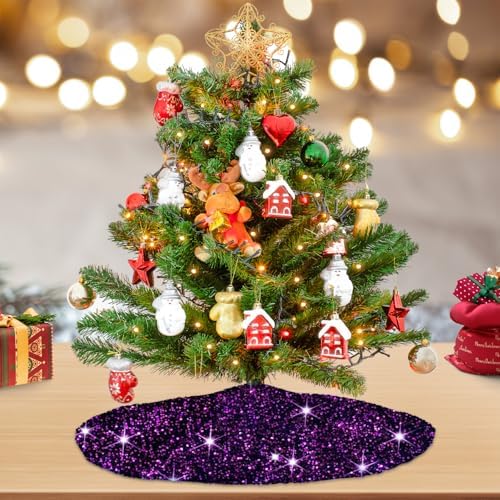 Purple Halloween Tree Skirt 21 Inches Sequin Christmas Tree Skirt Cover Table Top Velvet Tree Mat Glittery Xmas Tree Skirts for Artificial Trees Mermaid Pencil Tree Collar for Christmas Decorations - Image 2