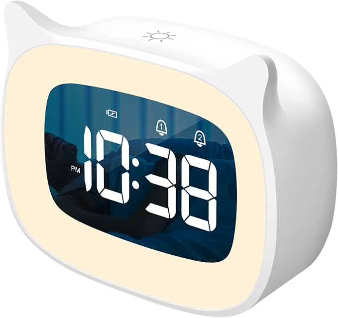 Cute Cat Ear Alarm Clock with Night Light for Bedroom,White by SMOUPING%C2%AE