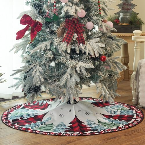 CROWNED BEAUTY Christmas Tree Skirt Collar 48 Inch Pine Trees Red Plaid Soft Farmhouse Holiday Decoration (Red Plaid) TS41 - Image 3