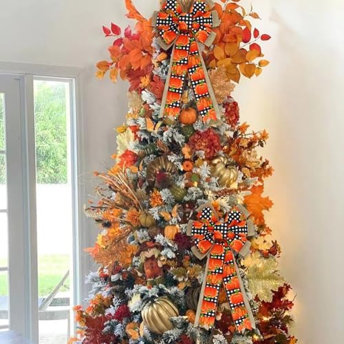 2 Pcs Fall Bows for Wreaths Decorations,Fall Tree Topper Bow,Thanksgiving Bow with Orange Pumpkin Buffalo Plaid Burlap for Halloween Autumn Home Front Door Outdoor - Image 6