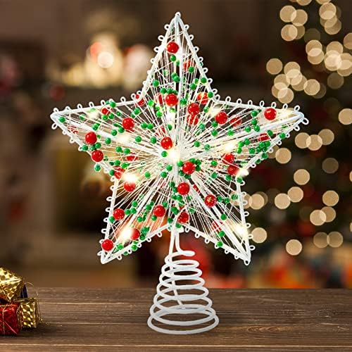 Whaline Christmas Star Tree Topper 8.3 Inch Red Green Berries Dotted 3D Star Treetop LED Lighted Battery Powered Unique Design Xmas Tree Ornament for Christmas Party Indoor Outdoor Home Decoration by Whaline