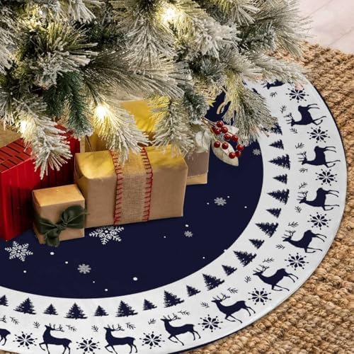 Christmas Tree Skirt 48inch Elk Snowflakes Navy Blue Xmas Decor - Image 6