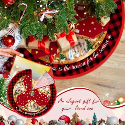 Lunmon Christmas Nativity Scene Tree Skirt 48 Inches Retro Jesus Christmas Tree Mat Decoration Buffalo Plaid Farmhouse Christian Winter Tree Skirt for Indoor Outdoor Xmas Holiday Party Decorations - Image 4