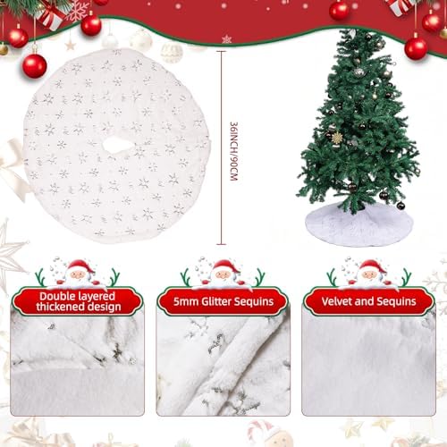 Christmas Tree Skirt White, 36 Inch Large Soft Plush Xmas Tree Skirts, Double Layer Luxury Tree Skirt w/Silver Snowflake Sequin, Christmas Trees Decoration for Holiday Party Indoor Party Home Decor - Image 3