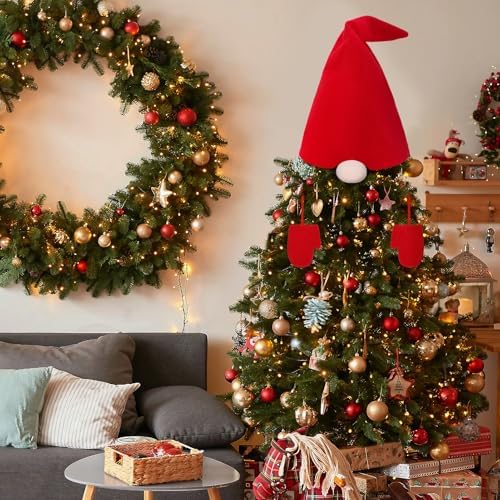 Gnomes Hat Tree Topper - Christmas Santa Hat Bush Kit with Nose Gloves, Swedish Scandinavian Tomte Plush Ornaments Gifts Decor for Xmas Home Decorations - Image 6