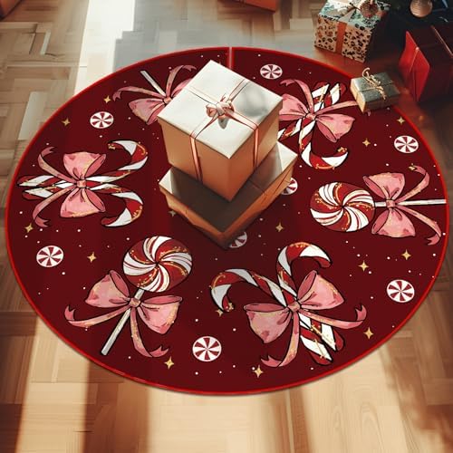 Christmas Tree Skirt Burgundy Tree Skirts Candy Cane Decorations Xmas Tree Skirt Tree Mat 48 Inch Winter Christmas Decor for Home - Image 2