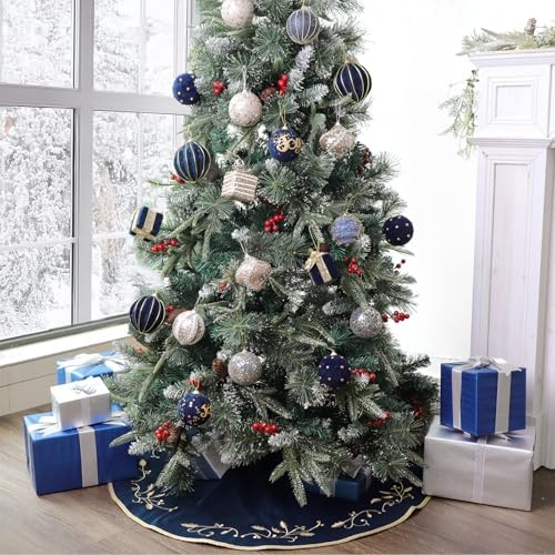 Bunny Chorus Christmas Tree Skirt, 36 inches Large Velvet Fur Plush Blue Tree Skirt, Xmas Tree Skirts with Gold Embroidered Holly Leaf for Merry Christmas Party Christmas Tree Decorations - Image 6