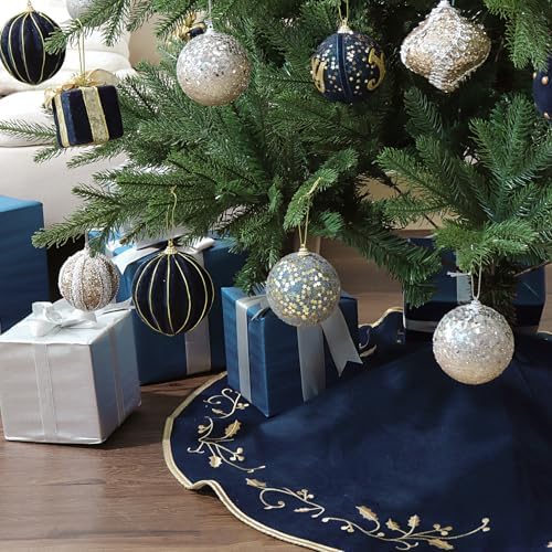 Bunny Chorus Christmas Tree Skirt, 36 inches Large Velvet Fur Plush Blue Tree Skirt, Xmas Tree Skirts with Gold Embroidered Holly Leaf for Merry Christmas Party Christmas Tree Decorations - Image 7