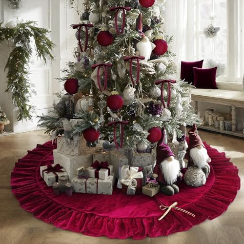Velvet Christmas Tree Skirt, 60 Inches, Bow Style, Red - Image 2