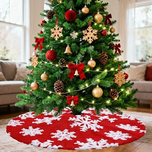 Snowflakes Christmas Tree Skirts 48 inch Large Red Tree Skirt Xmas Tree Skirt Xmas Trees Round Mat for New Year Holiday Party Christmas Luxury Tree Ornaments by LJIE-House