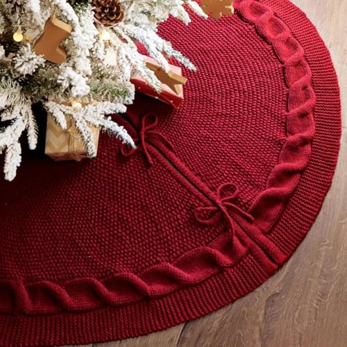 48 Inch Christmas Tree Skirt: Cable Knit Tree Skirt for 7.5FT Tree, Wine Red Tree Skirt, Vintage Tree Skirts, Rustic Farmhouse Christmas Decorations - Image 5