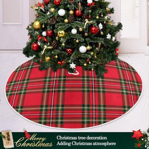 Red Green Tartan Plaid Christmas Tree Skirt Small Xmas Tree Skirts Decorations 36 in Burlap Tree Mat Cover for 4 ft Trees Holiday Party - Image 2