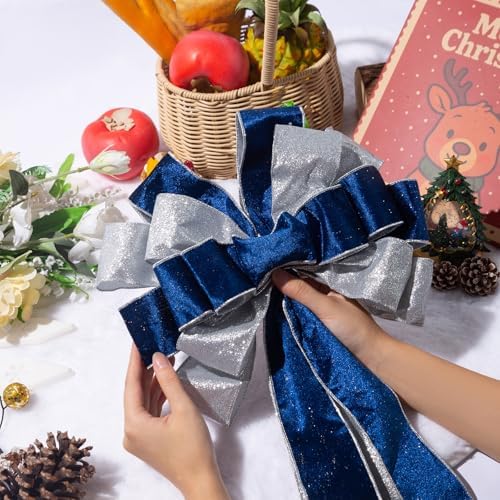 Christmas Tree Topper, 40x13 Inches Toppers Bow with Glitter Satin Mesh Streamer and Patterned Ribbon, Christmas Tree Topper Bow for Christmas Home Decoration (Blue & Sliver) by CANGBI