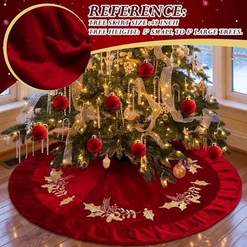 48 inches Velvet Christmas Tree Skirt Red Wine Gold Fur Plush Tree Skirt Luxury Xmas Skirts for Merry Christmas Party Vintage Holiday Decorations(Red with Gold Embroidered Holly) - Image 4