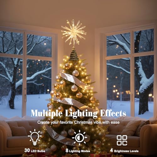 Lewondr Crystal Christmas Starburst Tree Topper with Lights, Gold - Image 2
