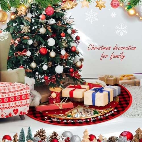 Lunmon Christmas Nativity Scene Tree Skirt 48 Inches Retro Jesus Christmas Tree Mat Decoration Buffalo Plaid Farmhouse Christian Winter Tree Skirt for Indoor Outdoor Xmas Holiday Party Decorations - Image 5