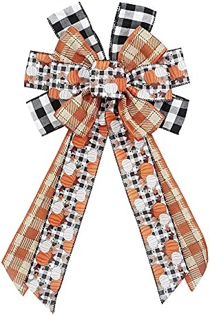 Large Fall Bows for Wreath, Thanksgiving Pumpkins Wreath Bow Orange Buffalo Plaid Burlap Bows Autumn Tree Topper Bow for Front Door Thanksgiving Party Decoration Supplies by Hying